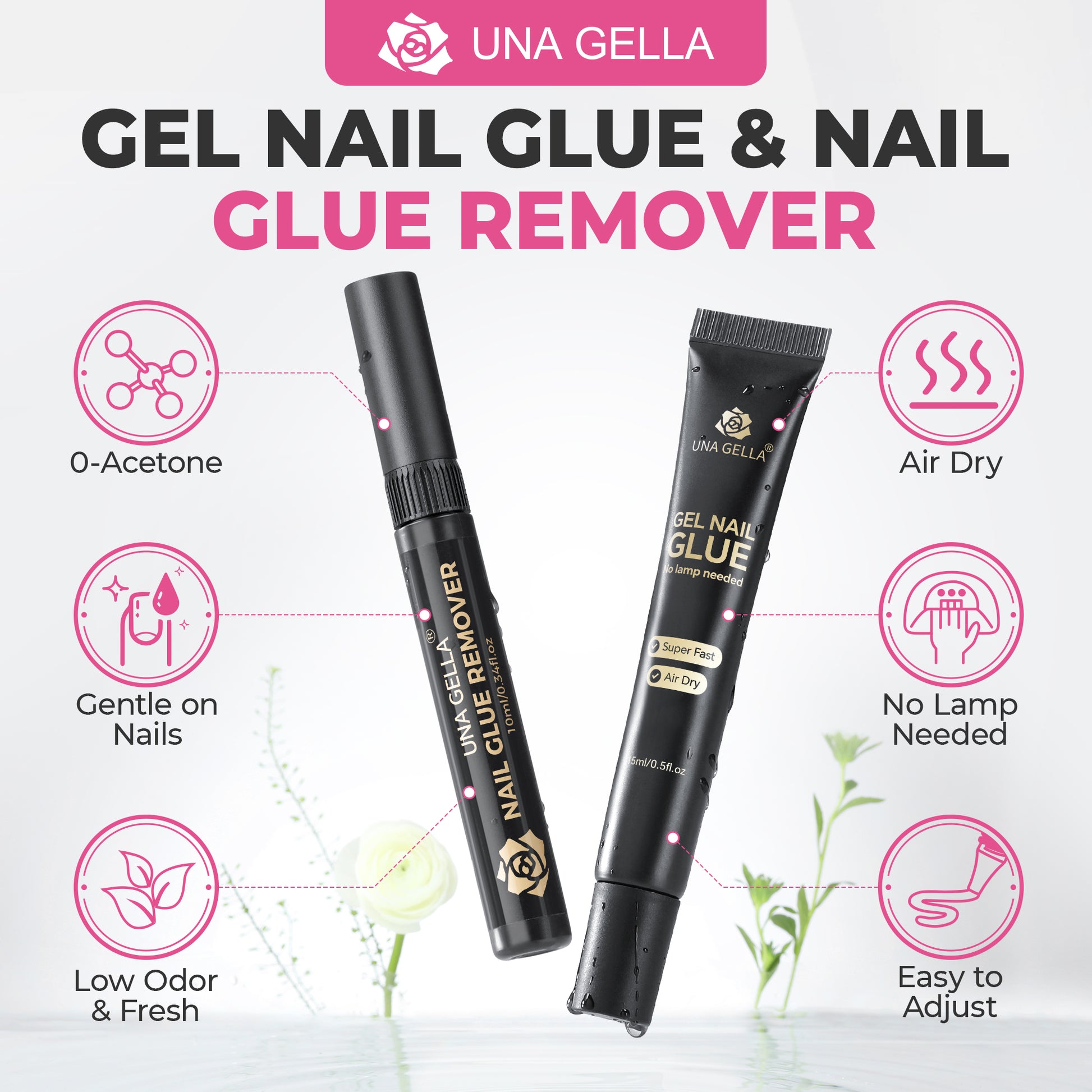 UNA GELLA 15g semi-solid nail glue and 10ml remover set with press-on nails, showcasing the glue bottle, remover, and nails.