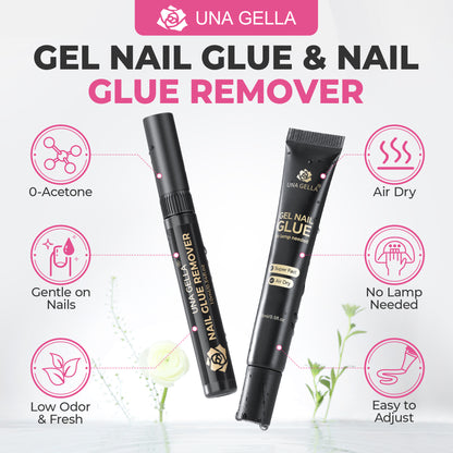 UNA GELLA 15g semi-solid nail glue and 10ml remover set with press-on nails, showcasing the glue bottle, remover, and nails.
