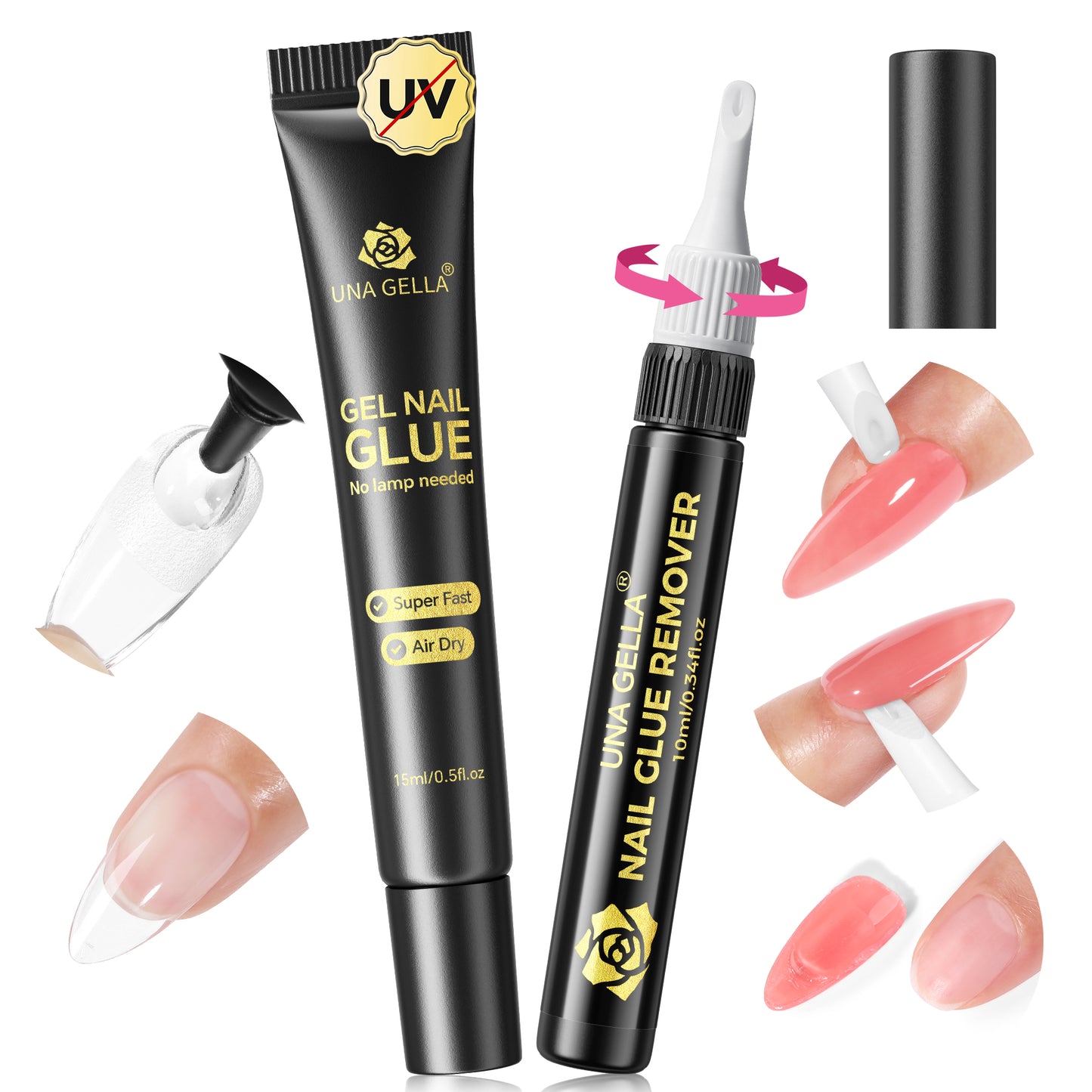UNA GELLA 15g semi-solid nail glue and 10ml remover set for press-on nails, offers strong hold and easy removal for manicures.