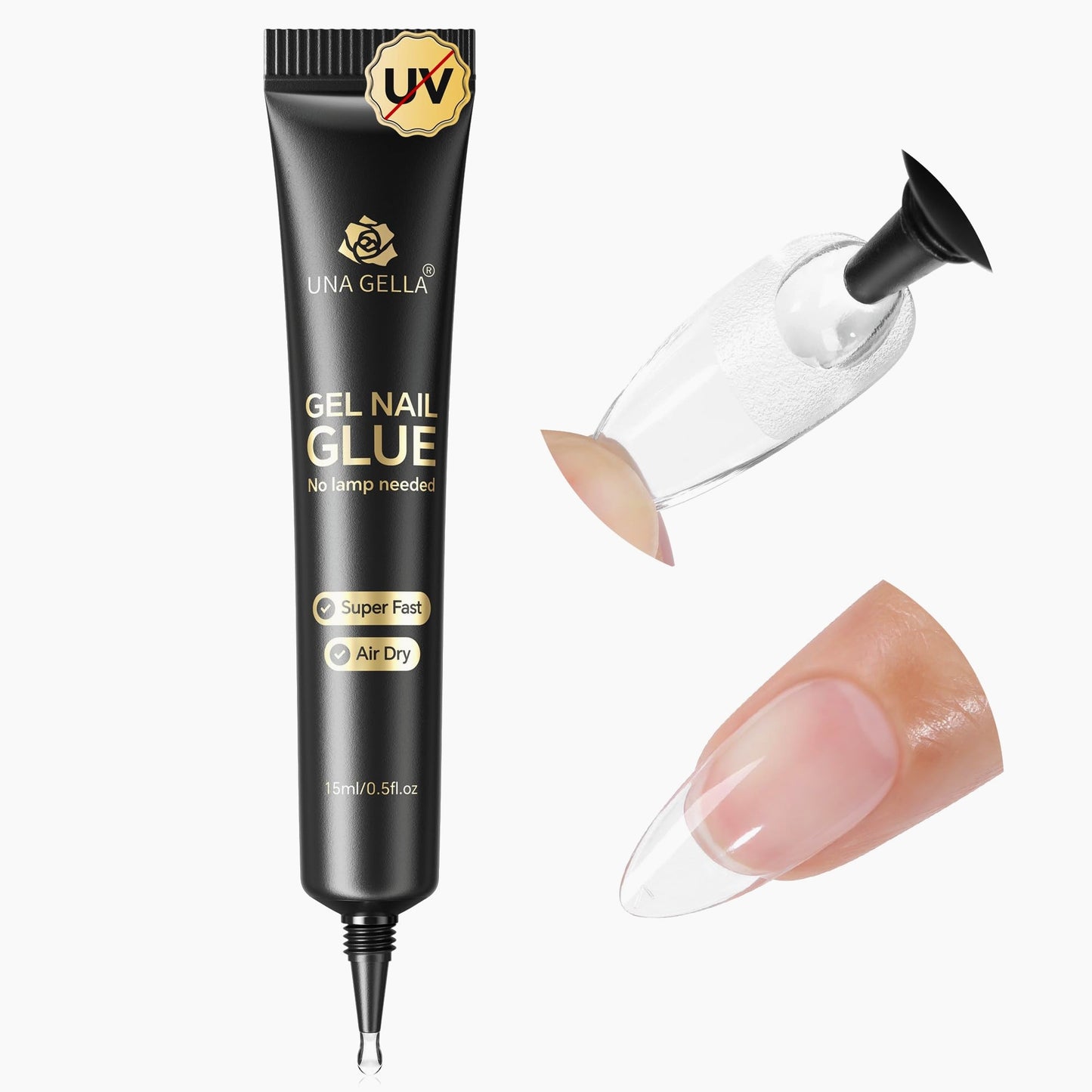 UNA GELLA solid nail glue in 15ml bottle, strong bond for press-on nails, no UV lamp needed, ideal for quick, secure nail adhesion.