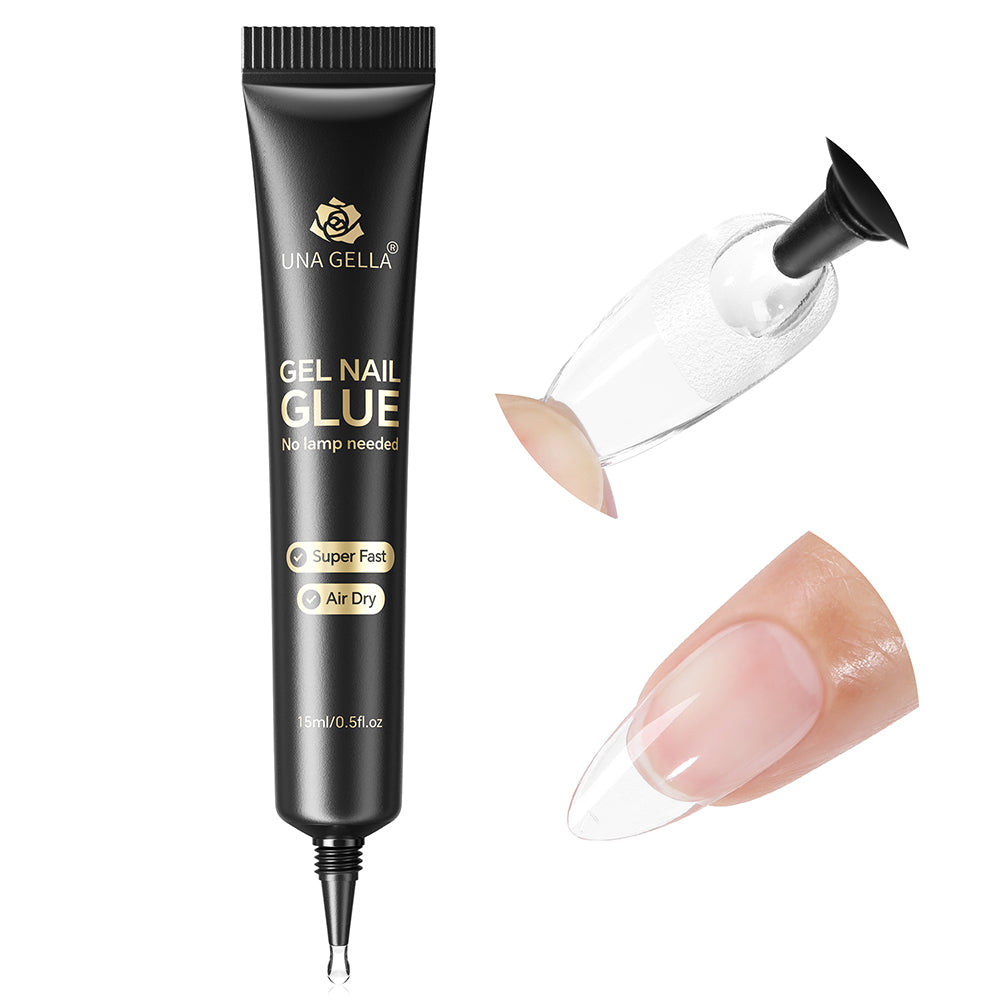 UNA GELLA solid nail glue in 15ml bottle for strong press-on nail bond, no UV lamp needed, ideal for quick nail application.