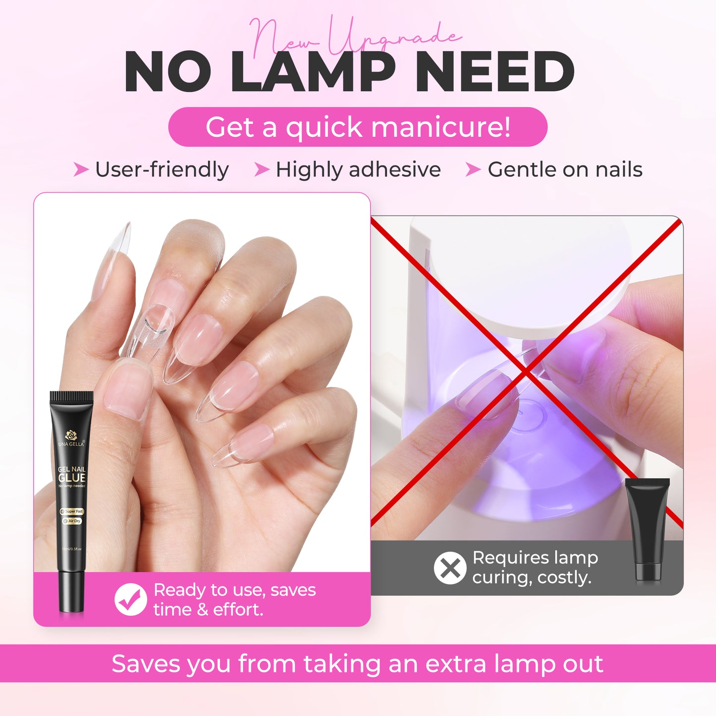 UNA GELLA solid nail glue in 15ml bottle, strong bond for press-on nails, no UV lamp needed, perfect for quick nail application