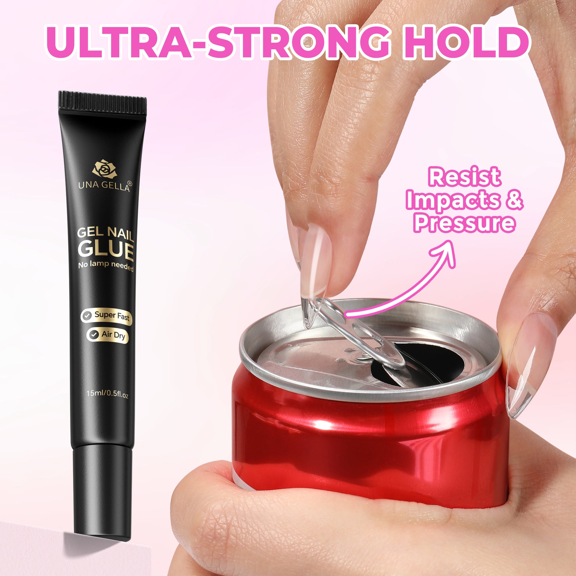 UNA GELLA solid nail glue for press-on nails, strong bond, 15ml, air-dry gel nail adhesive with no UV lamp needed