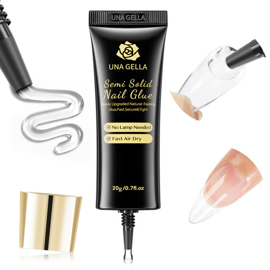 UNA GELLA semi-solid nail glue in a 20g jar, fast-curing adhesive for press-on nails, with a strong hold and no lamp needed.