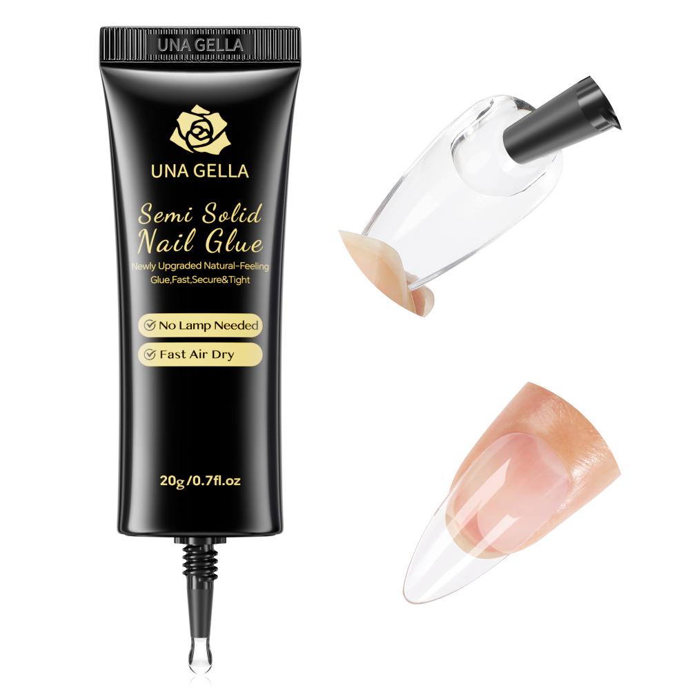 UNA GELLA Semi Solid Nail Glue 20g for press-on nails, featuring fast curing, ultra-strong adhesive, and easy application.