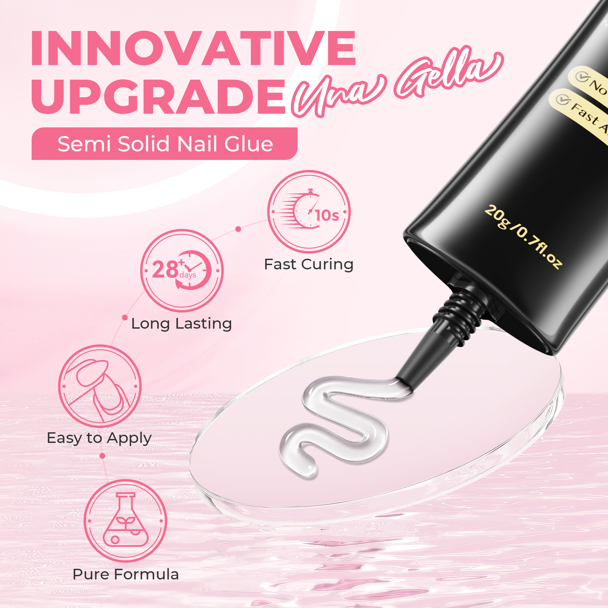 UNA Gella Semi Solid Nail Glue 20g for press-on nails, featuring fast curing, ultra-strong adhesive for durable nail application.