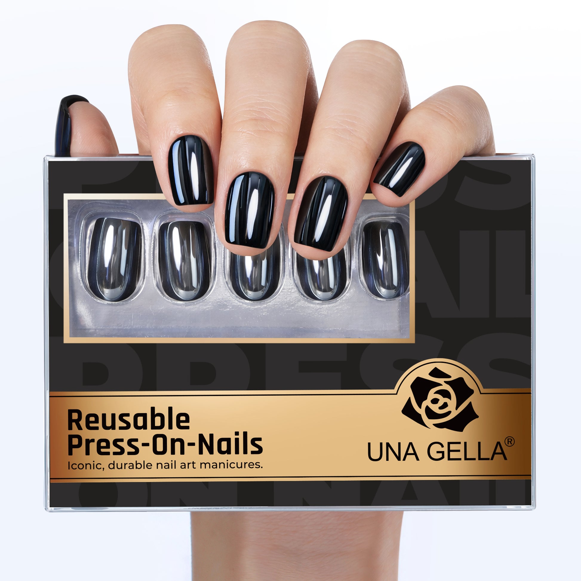 Black chrome finish short square press-on nails by UNA GELLA, squoval-soft style with mirror shine, 32-piece set.