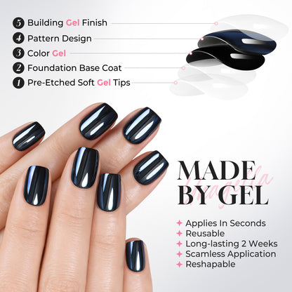 UNA GELLA black chrome short square press-on nails with a mirror finish, 32-piece set featuring squoval-soft nail design.