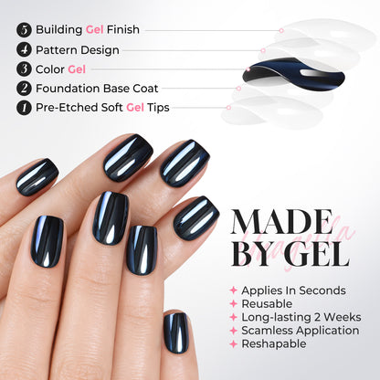 UNA GELLA black chrome press-on nails in short squoval shape with mirror finish, 32-piece set of soft gel nails.