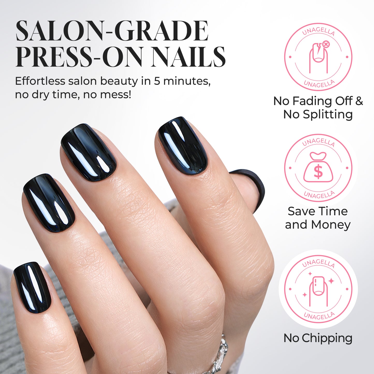 Set of 32 UNA GELLA black chrome short square press-on nails with a squoval-soft shape and mirror finish.