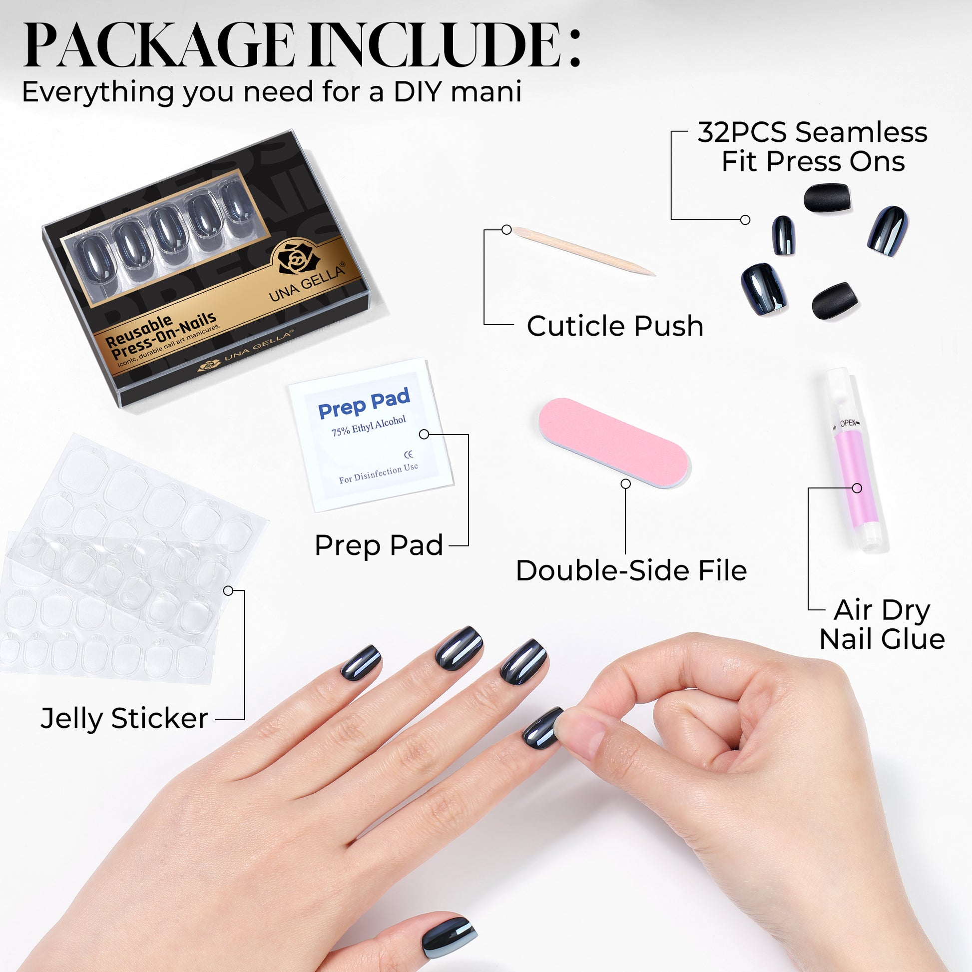 UNA GELLA Black Chrome Squoval-Soft Press On Nails, short square soft gel with mirror finish, 32-piece set.