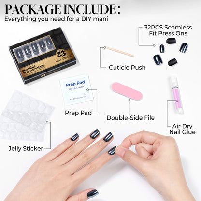 UNA GELLA Black Chrome Squoval-Soft Press On Nails, short square soft gel with mirror finish, 32-piece set.