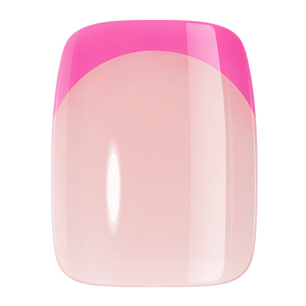 Bright pink French press-on nails by UNA GELLA, short squoval shape, reusable soft gel, 32pcs for DIY manicures.
