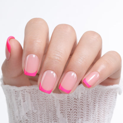 Bright pink French press-on nails by UNA GELLA, short squoval shape, reusable soft gel square nails with 32 pieces for DIY nail art.