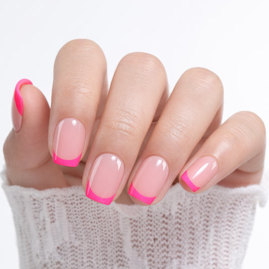 Bright pink French press-on nails by UNA GELLA, short squoval shape, reusable soft gel square nails with 32 pieces for DIY nail art.