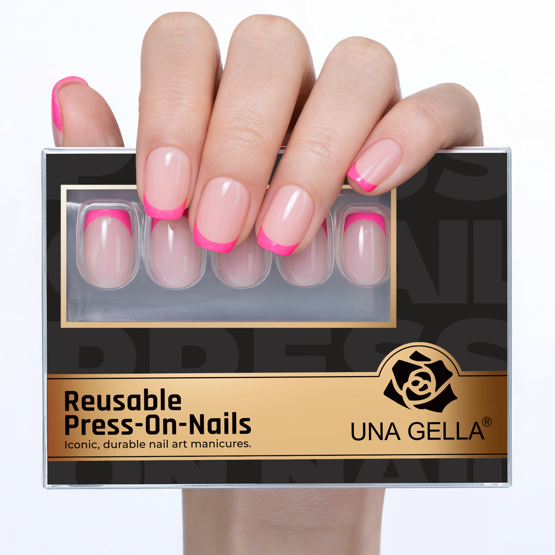 Bright pink French press-on nails by UNA GELLA, short squoval shape, reusable soft gel, 32-piece set for DIY manicures.