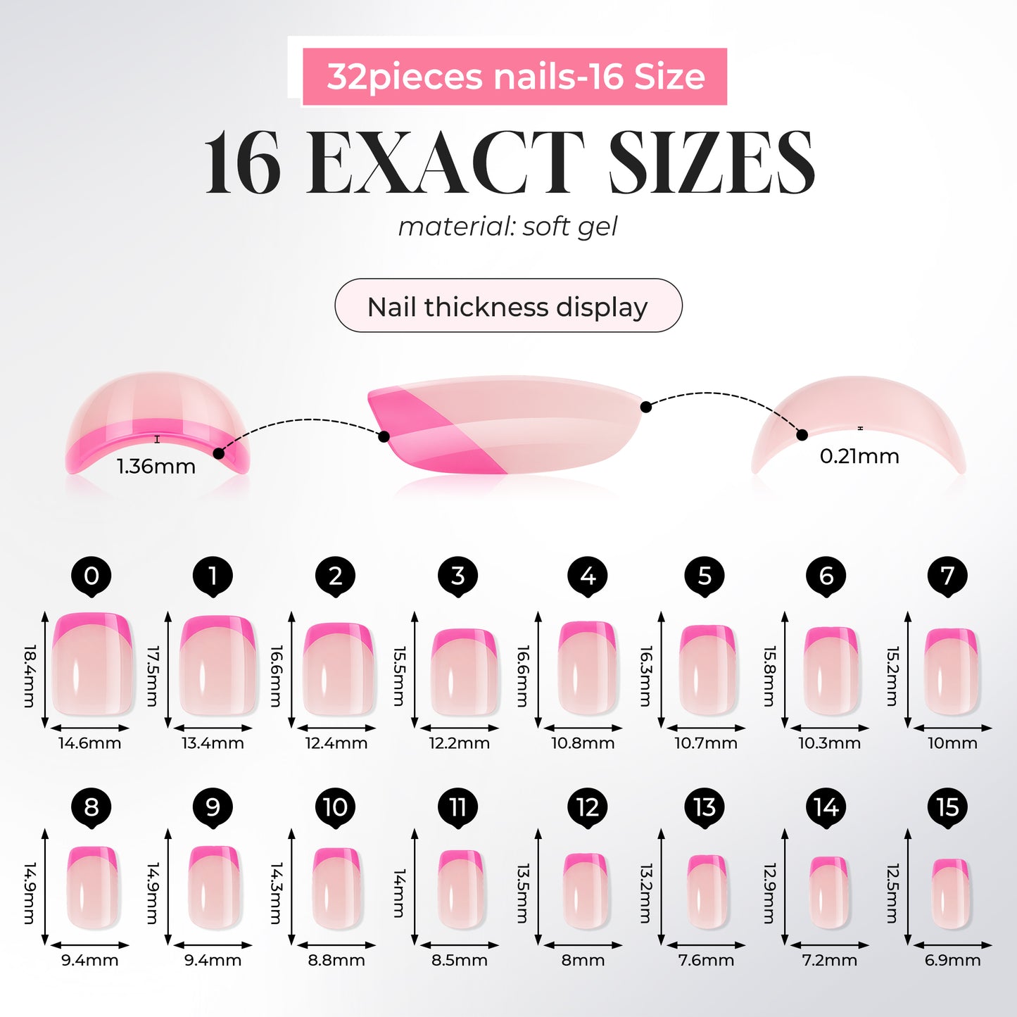 Bright pink French press-on nails by UNA GELLA, short squoval soft gel design, reusable DIY set of 32 pieces, square nail shape.
