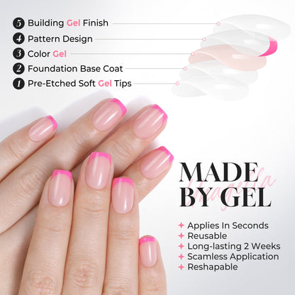 Bright pink French press-on nails by UNA GELLA, short squoval soft gel reusable set with 32 pieces for DIY manicure.