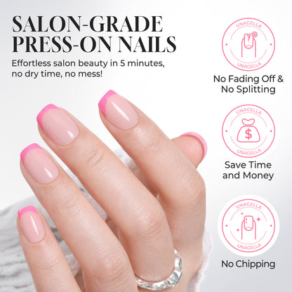 Bright pink French press on nails by UNA GELLA, short squoval soft gel reusable press-on nails, DIY manicure set.