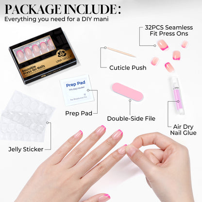 Bright pink French press-on nails by UNA GELLA, short squoval soft gel reusable set, perfect for DIY manicures.