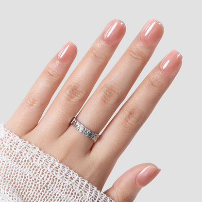 Short square chrome nude press-on nails by UNA GELLA, featuring 16 sizes and a soft gel finish in a squoval shape.