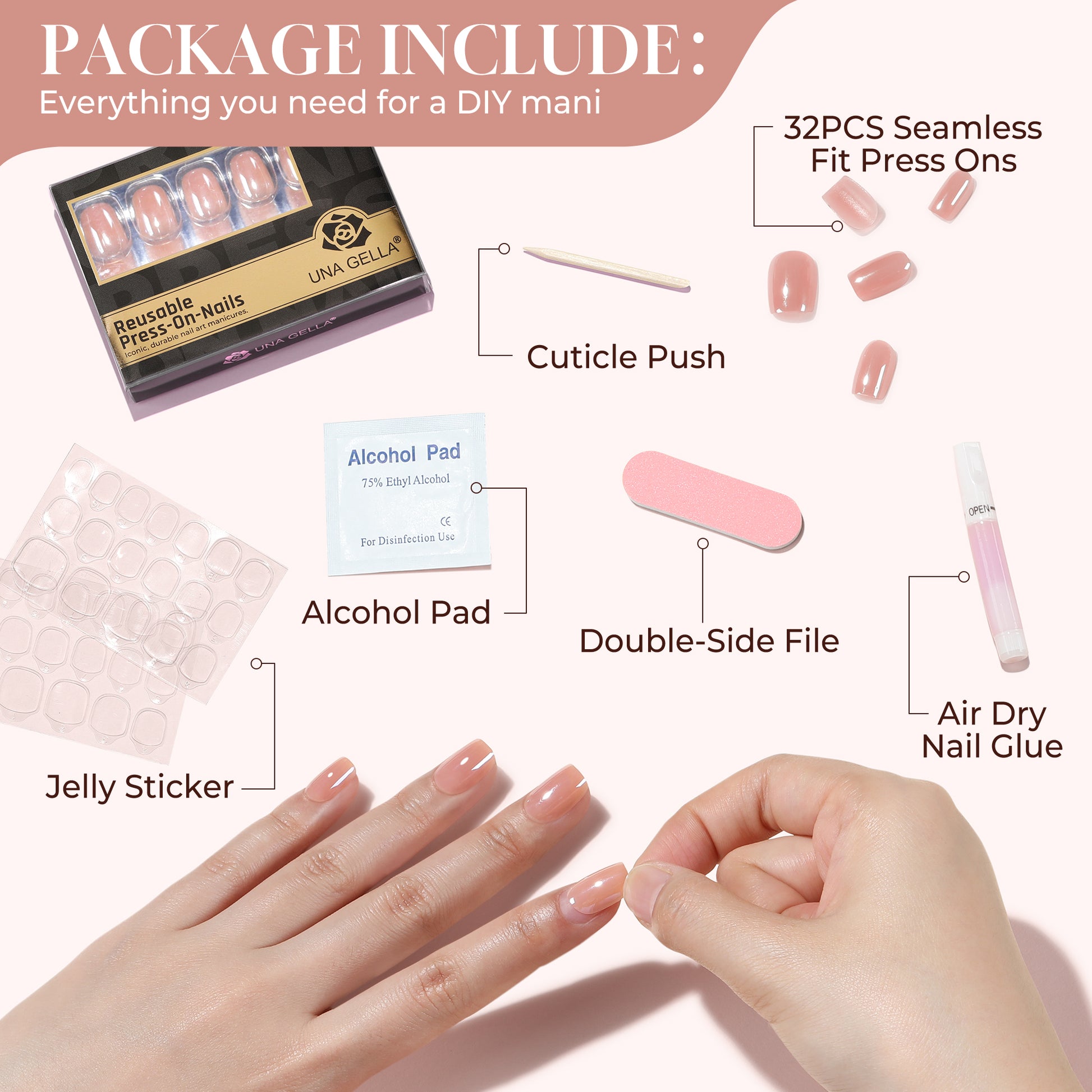 Short squoval chrome nude press-on nails by UNA GELLA, soft gel finish, available in 16 sizes, designed for easy application.