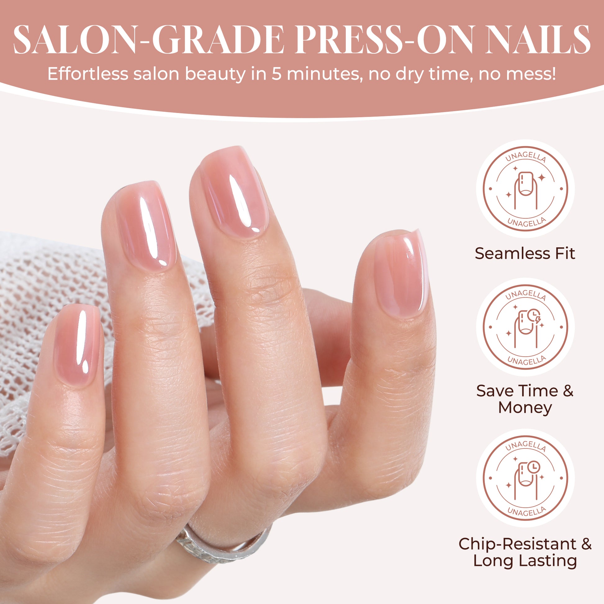 Short square chrome nude press-on nails by UNA GELLA, soft gel, available in 16 squoval-soft sizes, natural and stylish manicure.