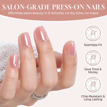 Short square chrome nude press-on nails by UNA GELLA, soft gel, available in 16 squoval-soft sizes, natural and stylish manicure.