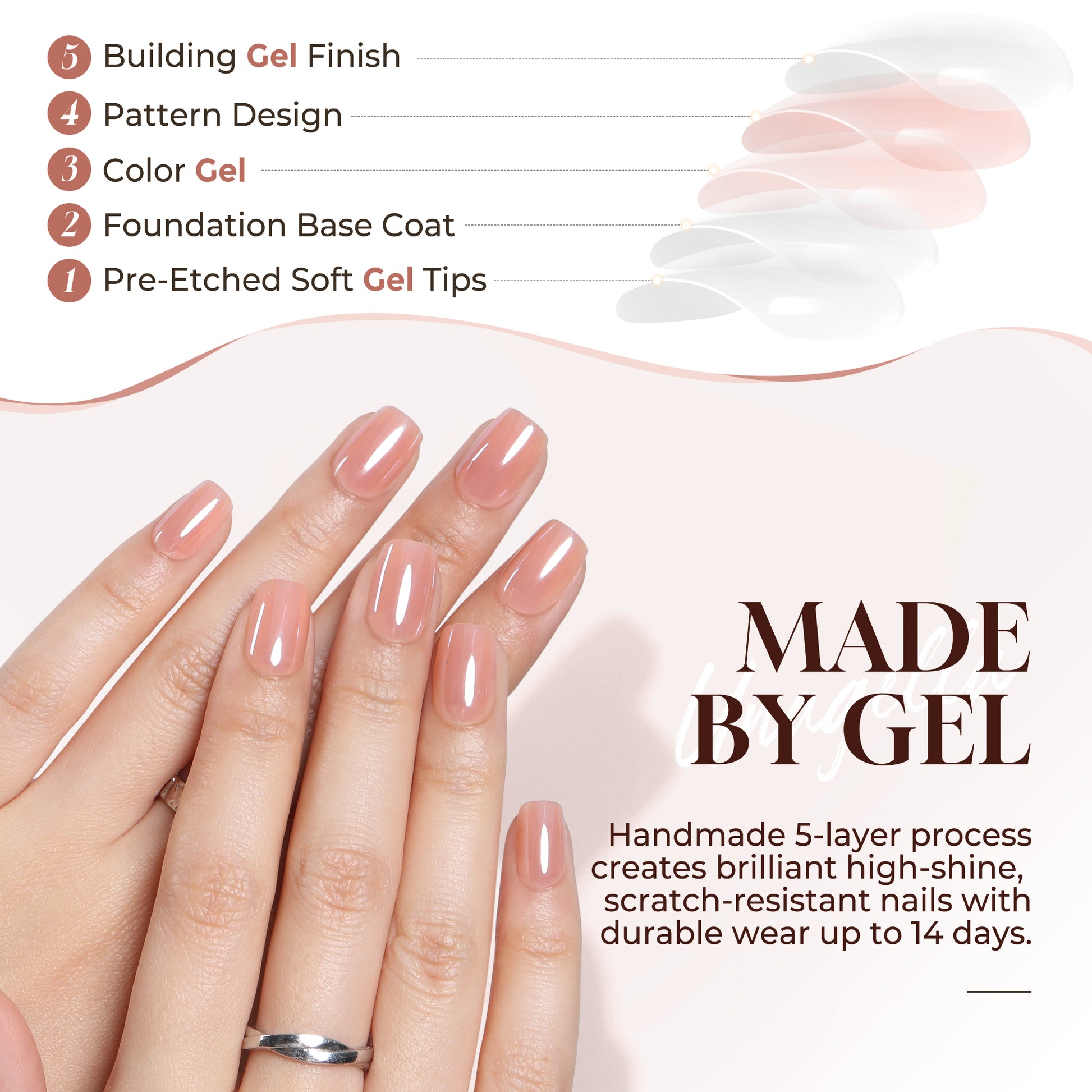 Short square chrome nude press-on nails by UNA GELLA in squoval-soft style with 16 sizes, featuring a sleek, glossy finish.
