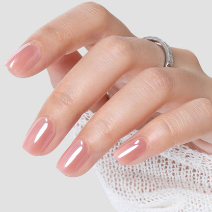 Short square chrome nude press-on nails by UNA GELLA, featuring a soft gel finish in 16 sizes and squoval shape.