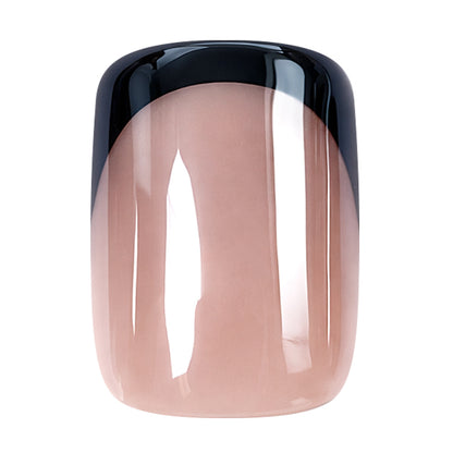 UNA GELLA 32-piece soft gel press-on nails set featuring black chrome French short square squoval nails with mirror finish