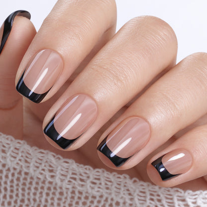 UNA GELLA 32-piece soft gel press-on nails set featuring black chrome finish, French style, short squoval shape.
