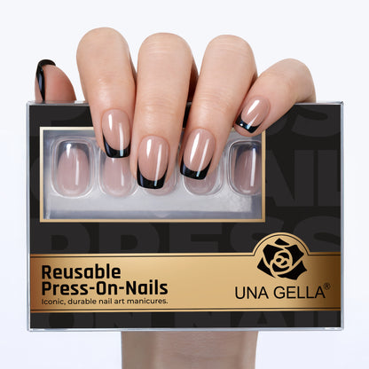 UNA GELLA 32-piece black chrome French short square soft gel press-on nails with mirror finish and squoval shape.