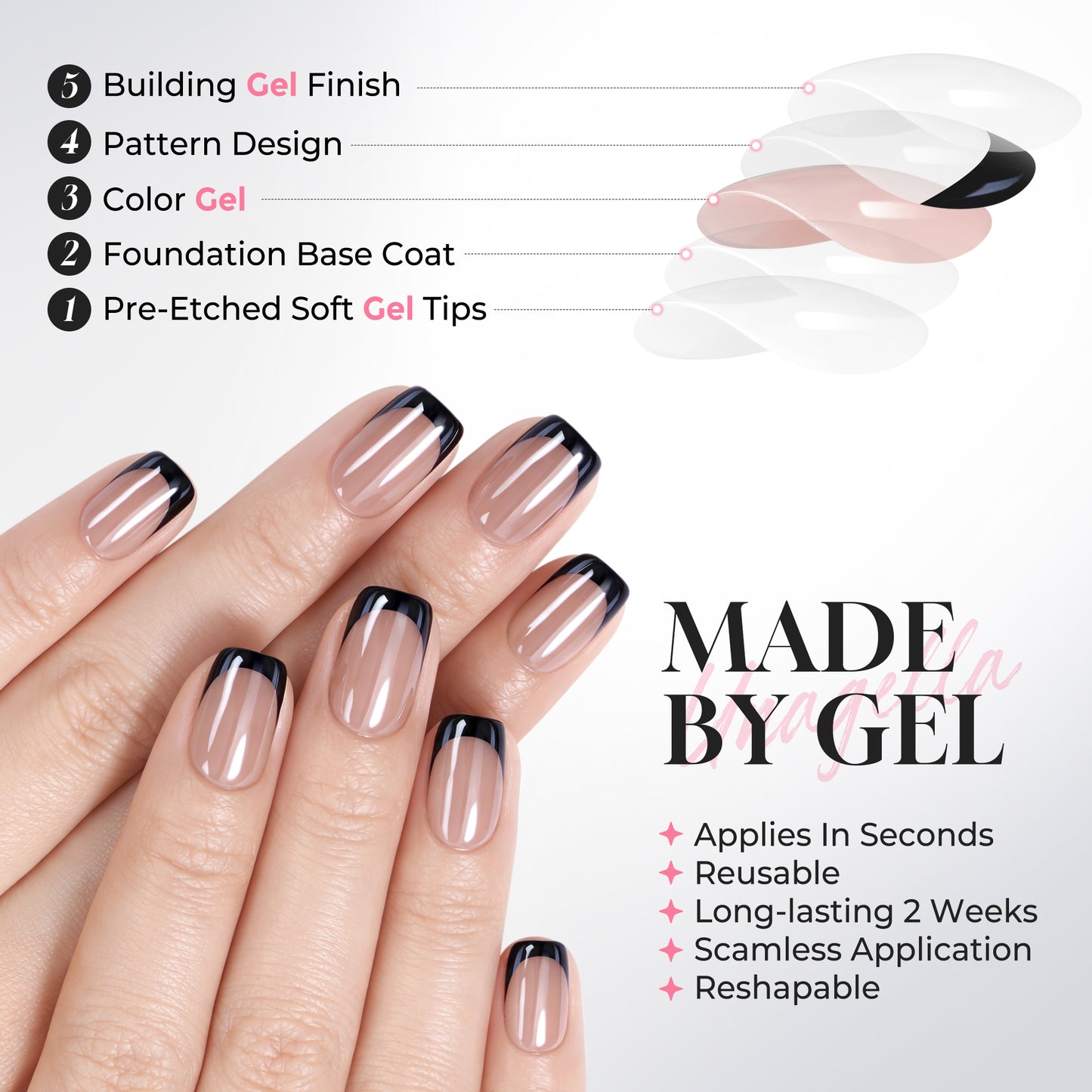 UNA GELLA 32-piece black chrome French short square gel press-on nails showcasing a shiny mirror finish and squoval shape.