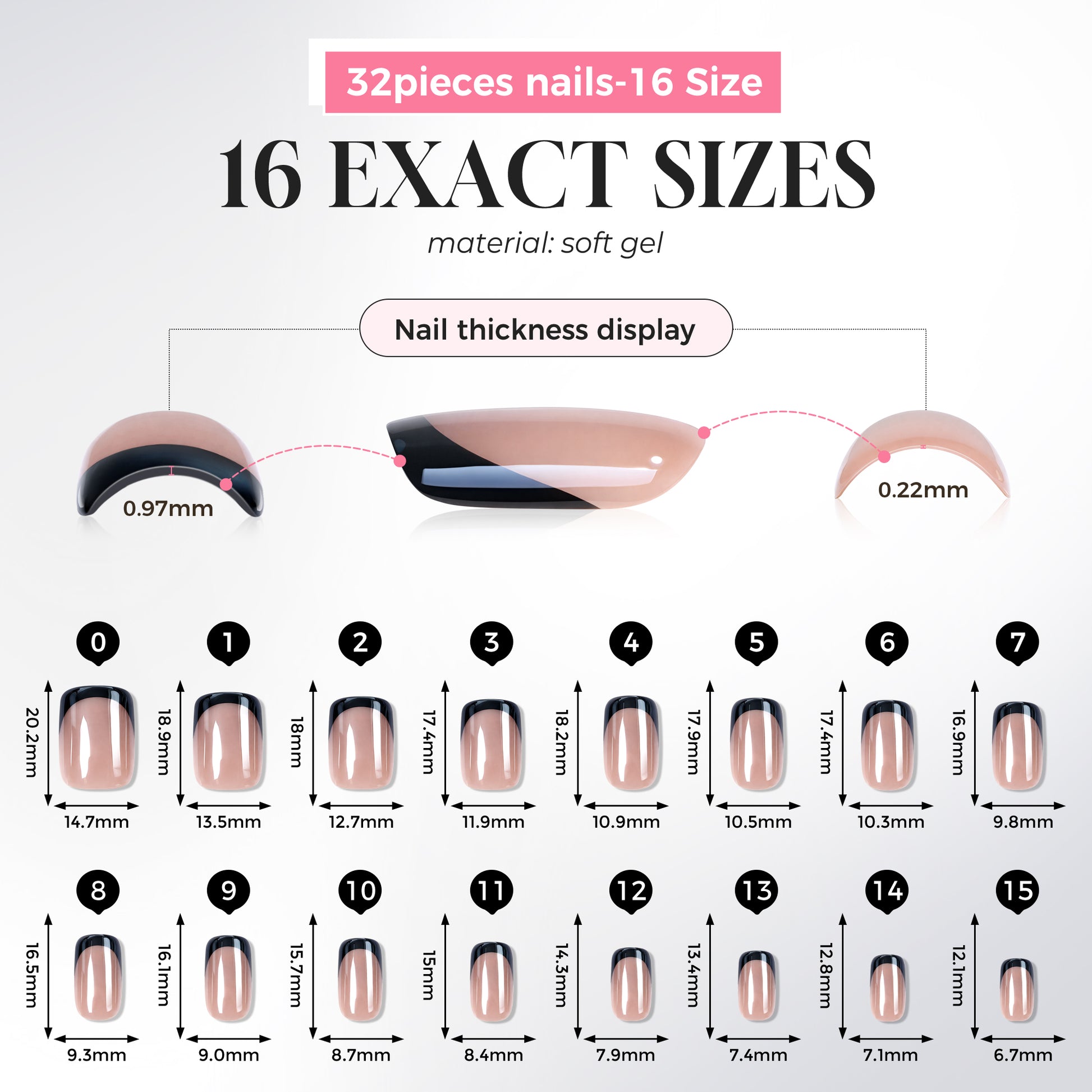 UNA GELLA 32-piece set of black chrome French short square press-on nails with a shiny mirror finish and squoval-soft shape.
