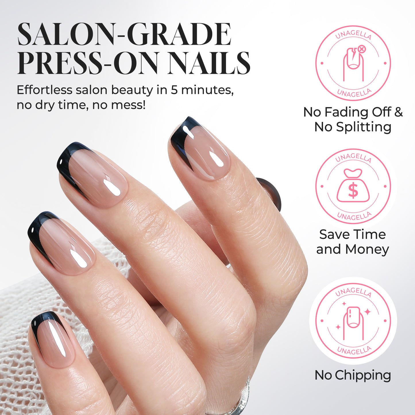 UNA GELLA 32-piece black chrome French short square press-on nails with a shiny mirror finish and squoval-soft shape.