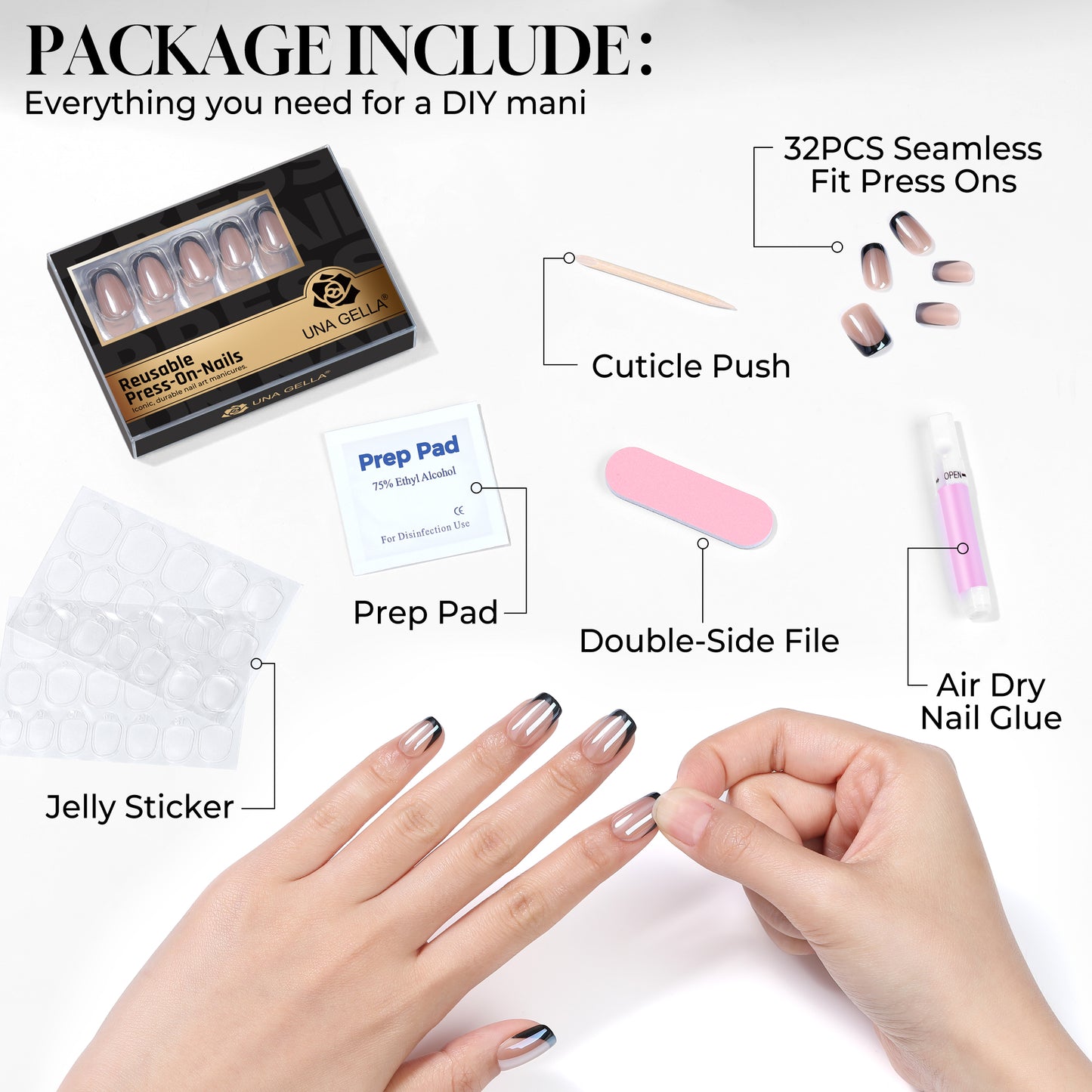 UNA GELLA 32-piece soft gel press-on nails in black chrome mirror finish with French short square squoval-soft style.