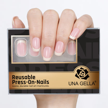 UNA GELLA Short Square French Tip Nails, reusable DIY manicure, soft gel, 32-piece set with squoval-soft nail tips.