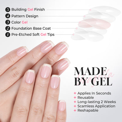 UNA GELLA Squoval-Soft Short Square French Tip Nails 32Pcs set, reusable soft gel nail tips for DIY manicure.
