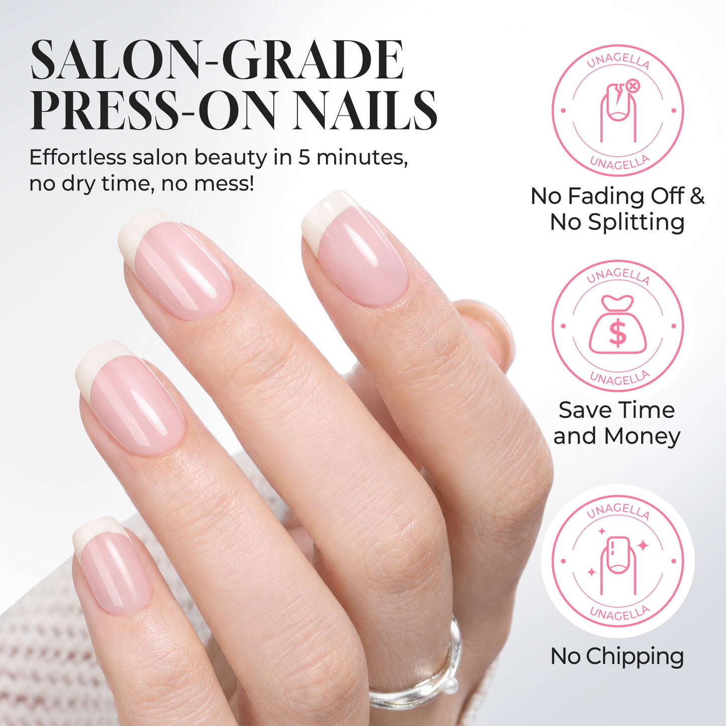 UNA GELLA Squoval-Soft Short Square French Tip Nails 32-piece set for reusable DIY manicure with soft gel finish.
