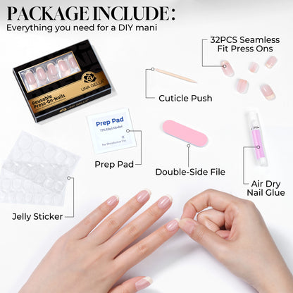 UNA GELLA short square French tip nails, reusable DIY manicure set, soft gel squoval-soft nail tips in 32-piece kit.