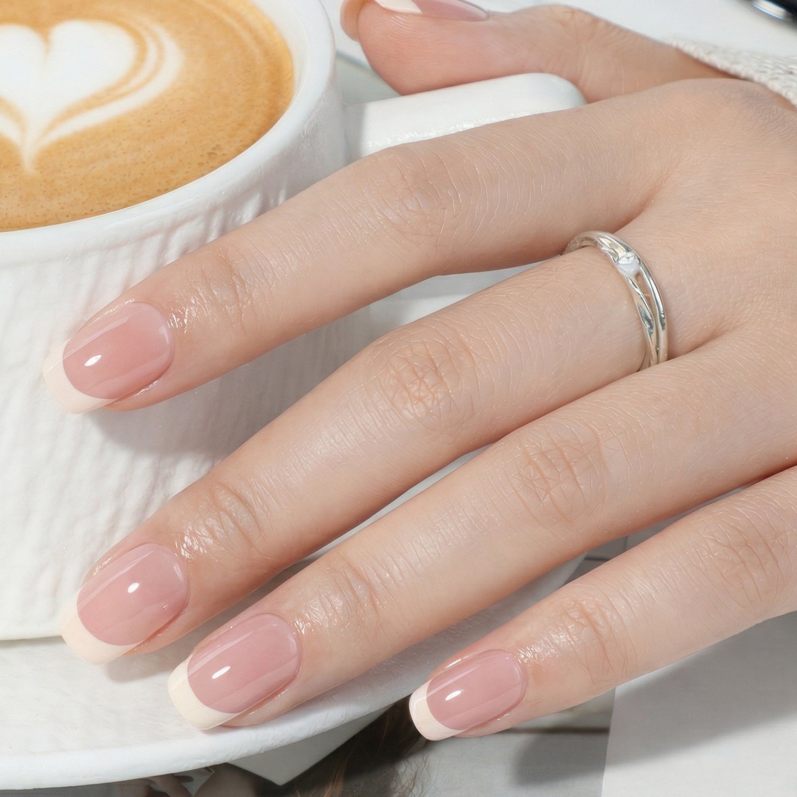 UNA GELLA short square French tip nails set, reusable DIY manicure with 32 soft gel squoval-soft nail tips.