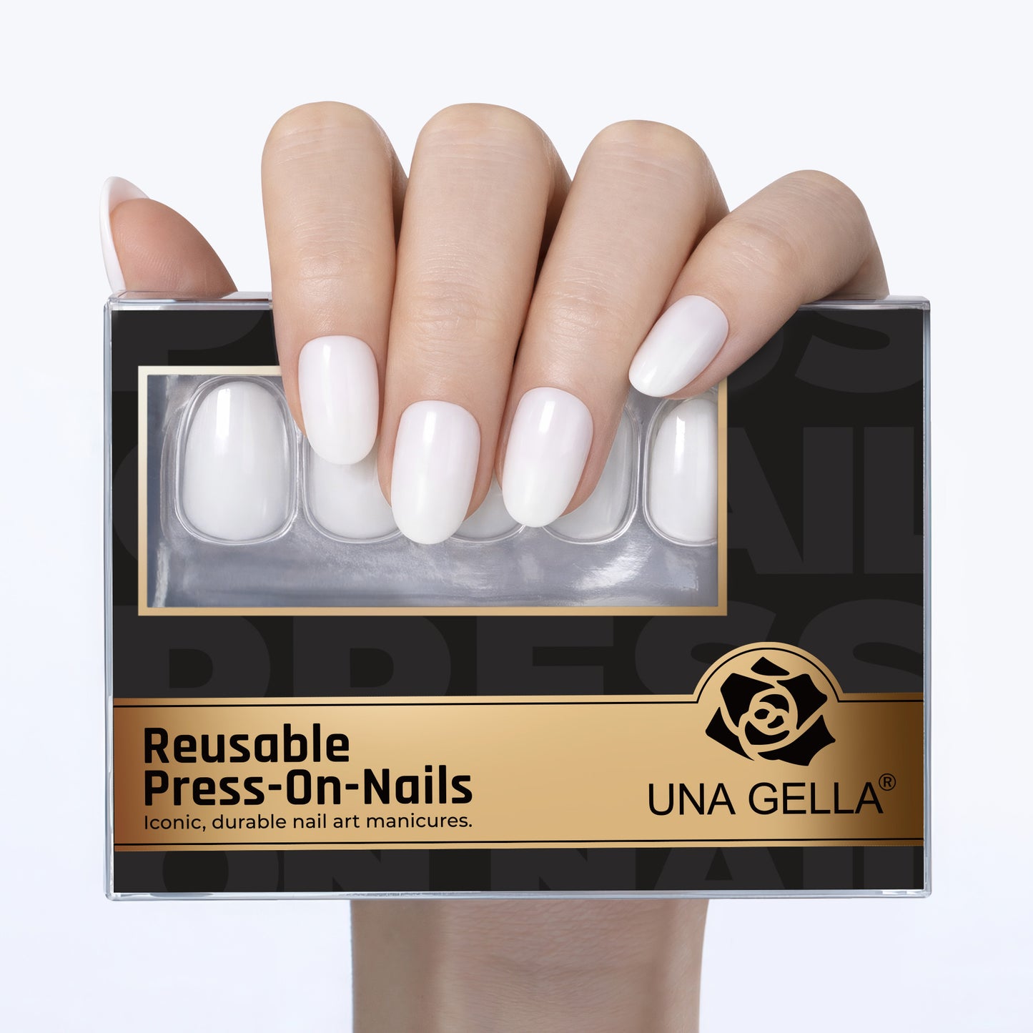 Set of 32 white oval press on nails by UNA GELLA, reusable soft gel squoval soft nails for DIY nail design.