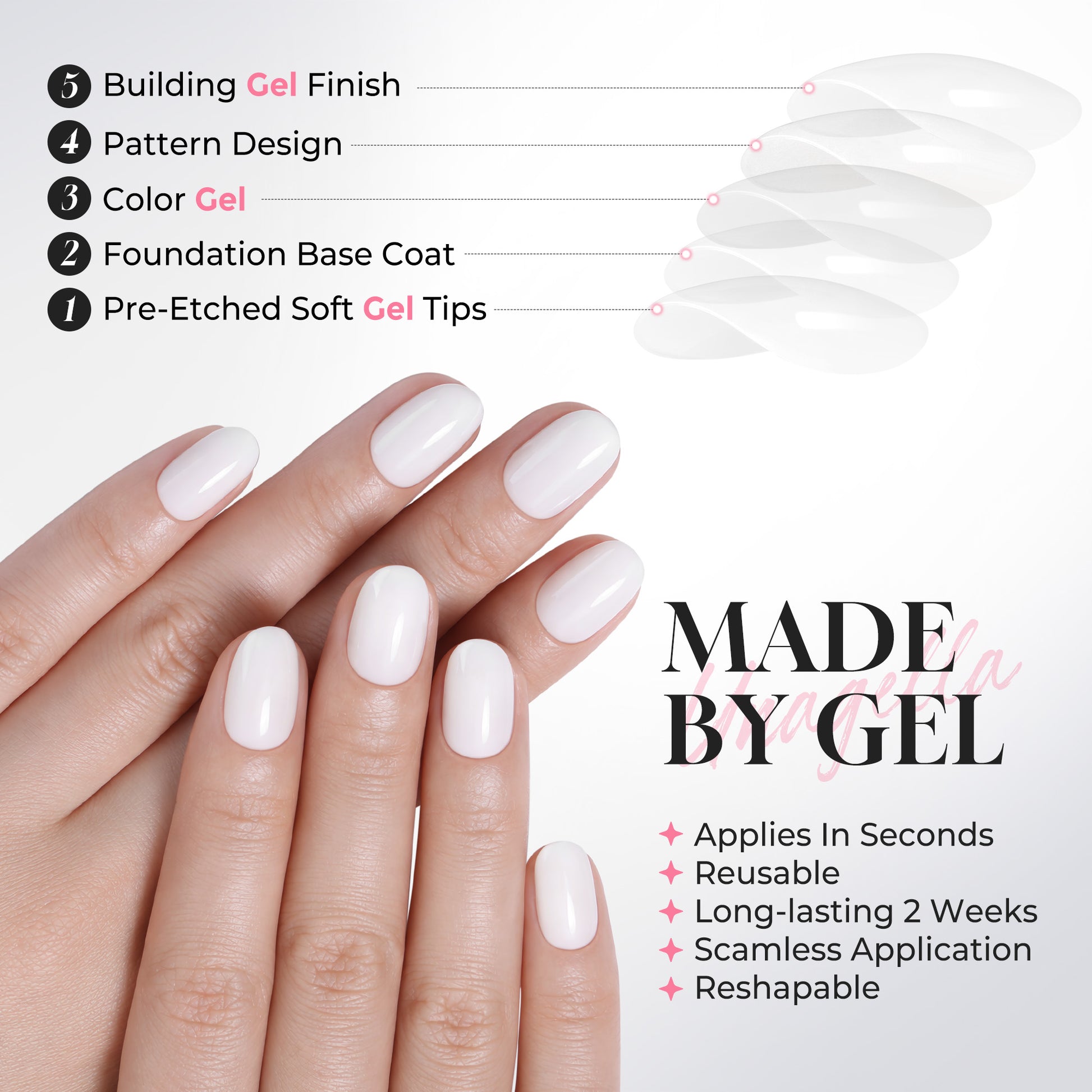 Set of 32 white oval press-on nails in 16 sizes, reusable soft gel squoval nails by UNA GELLA for DIY nail design.