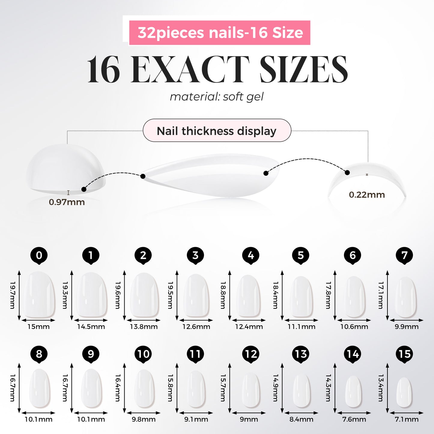 White oval press-on nails by UNA GELLA, 32-piece set with 16 sizes, soft gel, reusable, for DIY nail designs.