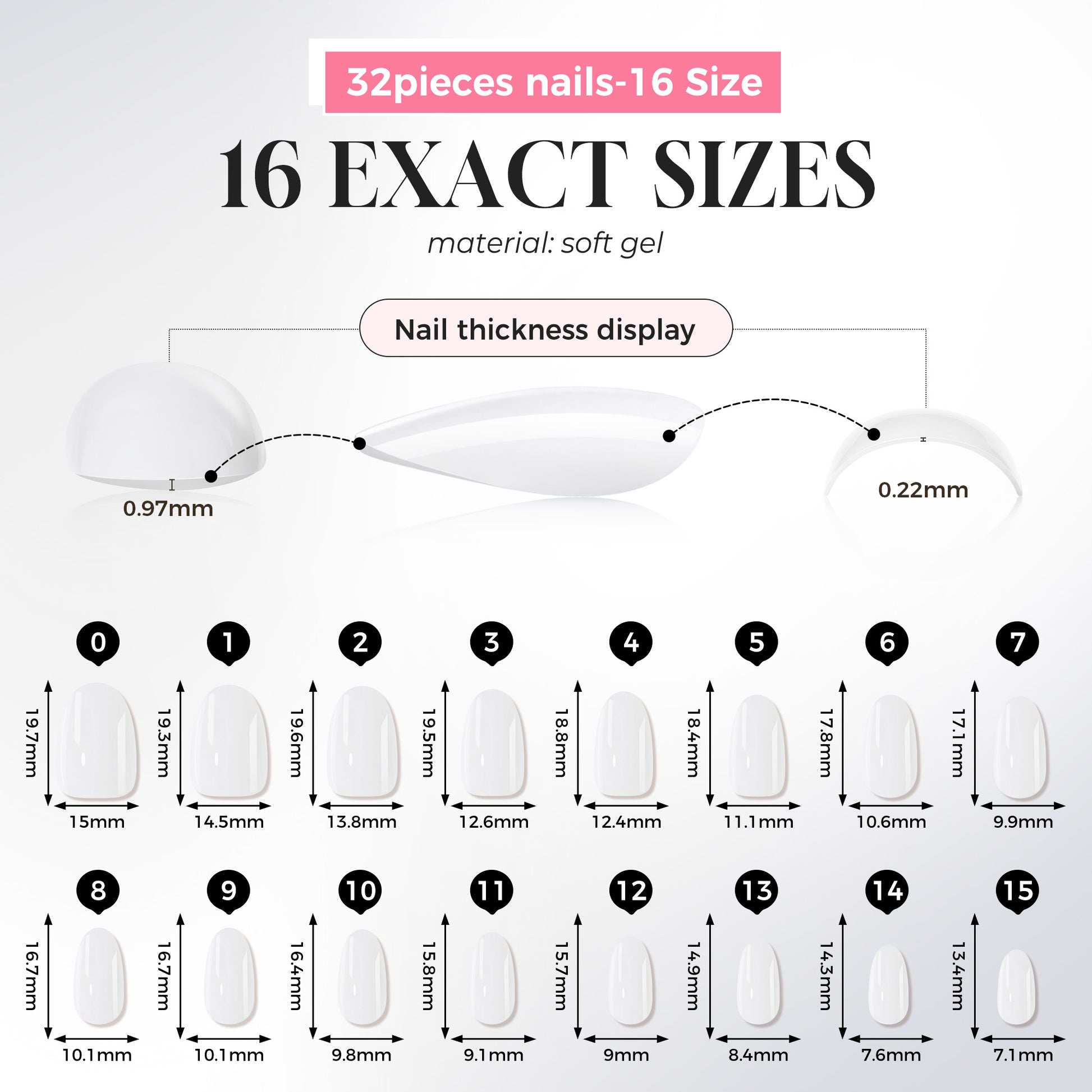 White oval press-on nails by UNA GELLA, 32-piece set with 16 sizes, soft gel, reusable, for DIY nail designs.