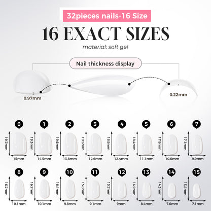 White oval press-on nails by UNA GELLA, 32-piece set with 16 sizes, soft gel, reusable, for DIY nail designs.