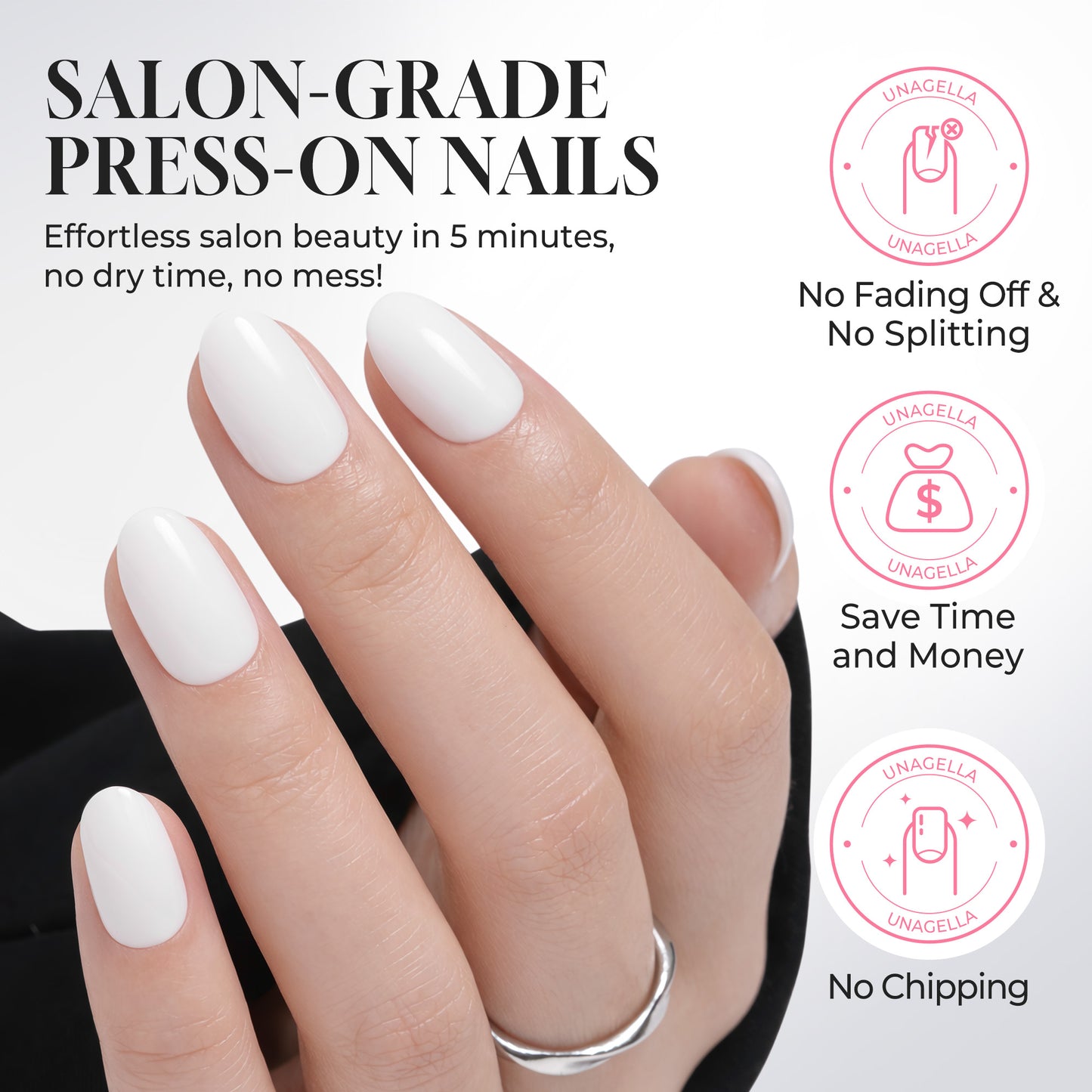 White oval press-on nails by UNA GELLA, 32-piece set with 16 sizes, soft gel, reusable, perfect for DIY nail designs.