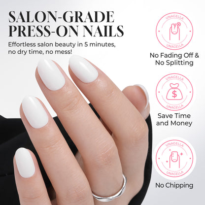 White oval press-on nails by UNA GELLA, 32-piece set with 16 sizes, soft gel, reusable, perfect for DIY nail designs.