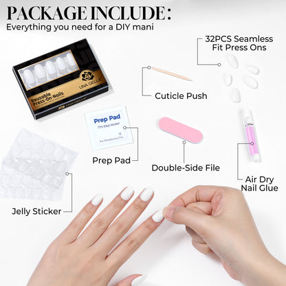Set of 32 white oval press-on nails in 16 sizes by UNA GELLA, reusable soft gel squoval nail tips for DIY manicures.